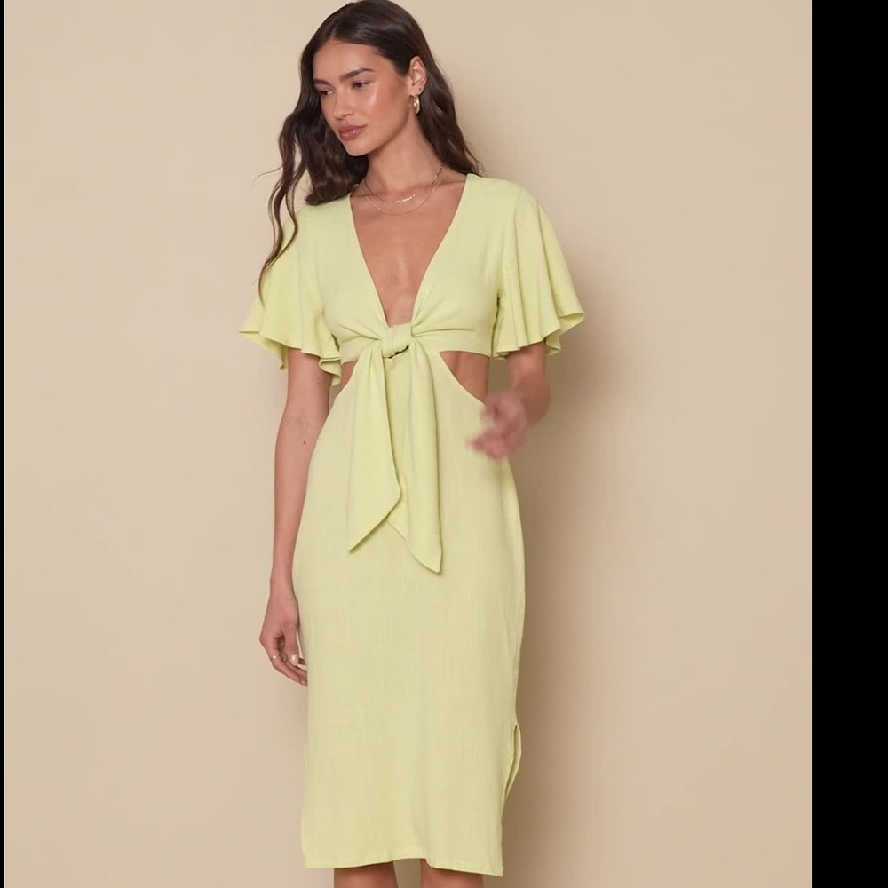 Lulus Summer Journey Light Green Tie Front Cutout Midi Dress size XS